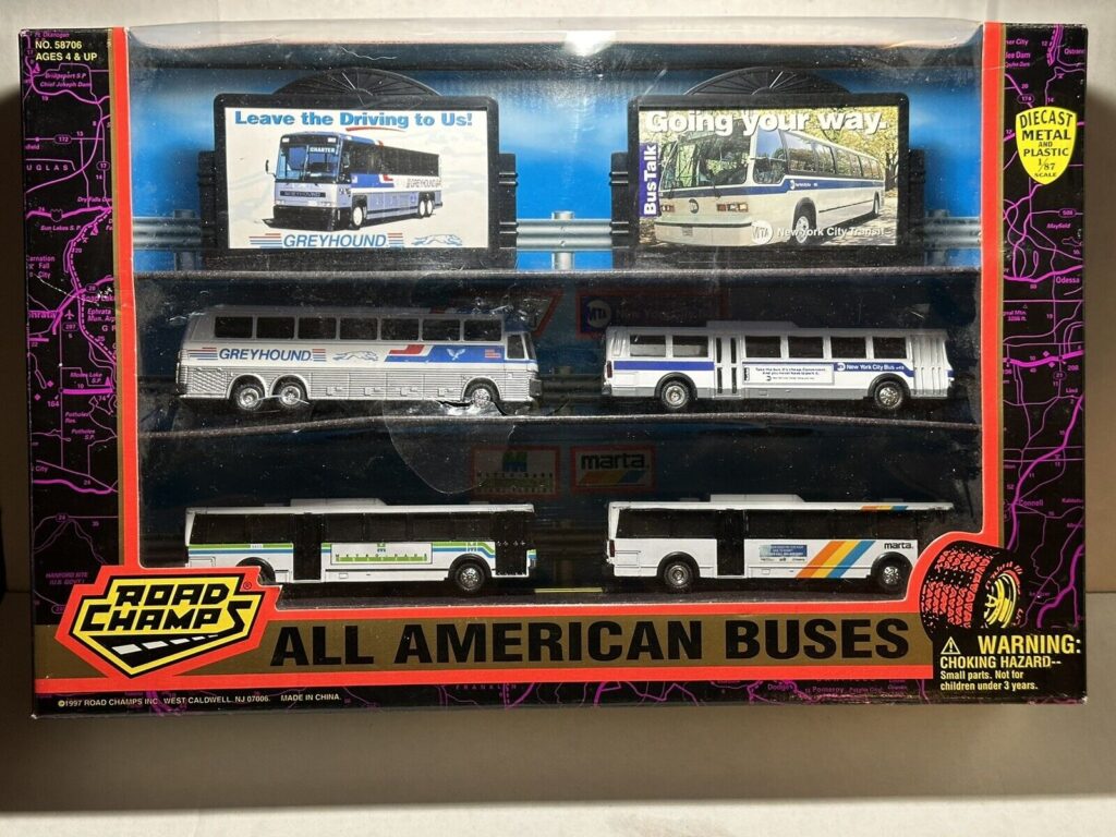 Road Champs All American Bus Set-Greyhound, MTA NYC Transit, Miami Dade & Marta Atlanta